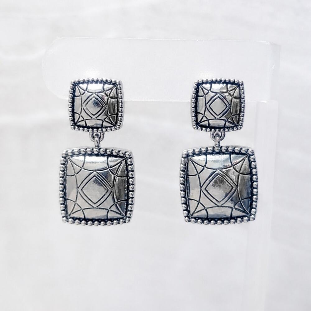 Vintage Clip On Earrings Large Silver Tone Dangle Drop with Black Design